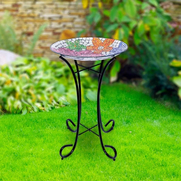 18’’ Floral Metallic Mosaic Glass Birdbath - Birdbath