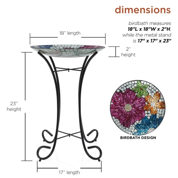 18’’ Floral Metallic Mosaic Glass Birdbath - Birdbath