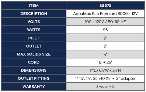Oase AquaMax Eco Premium - 12 Volt Pump Specs